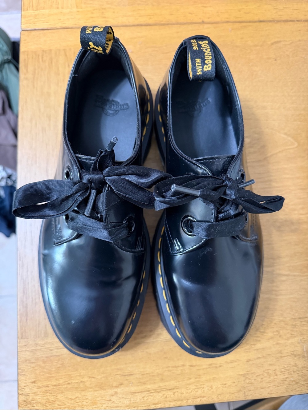 Dr. Martens Black Leather Platform Lace-Up Shoes with Yellow Stitching